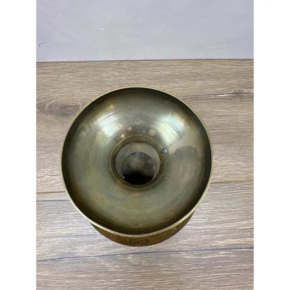 Vintage Solid Brass Floral Etched Footed Vase Planter, Made in India, 8x6.5 Inch